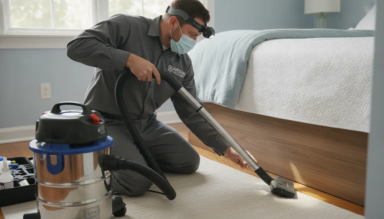 Professional pest control technician vacuuming mattress seam with crevice tool attachment in bedroom