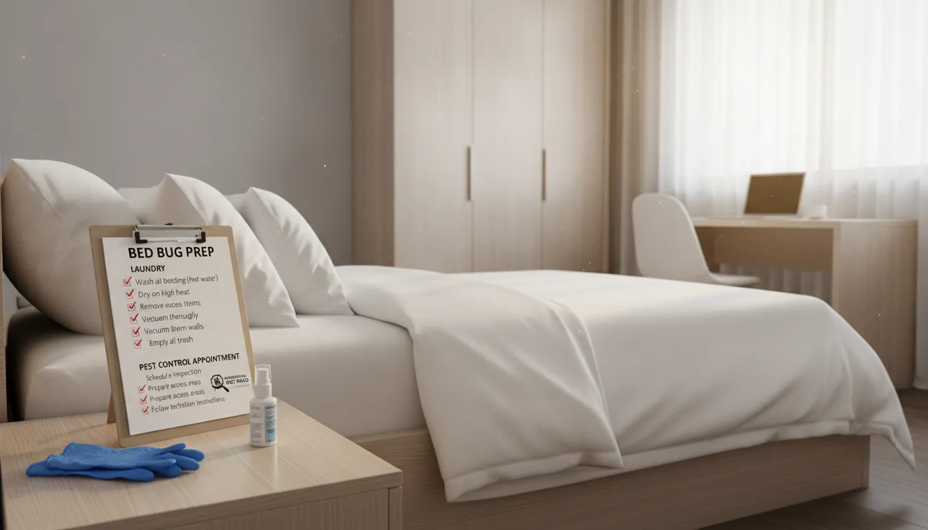 A clean bedroom clipboard detailing bed bug preparation steps