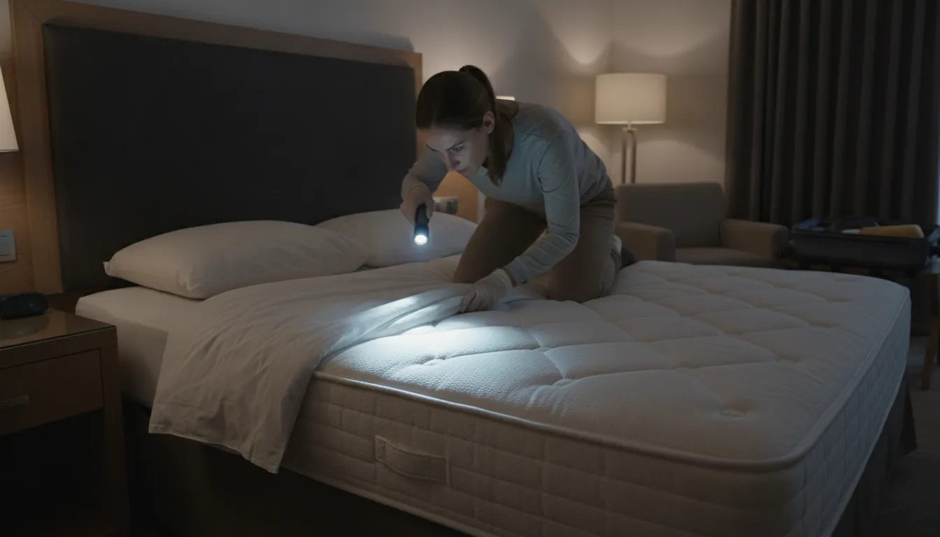 Traveler inspecting hotel mattress for bed bugs with flashlight