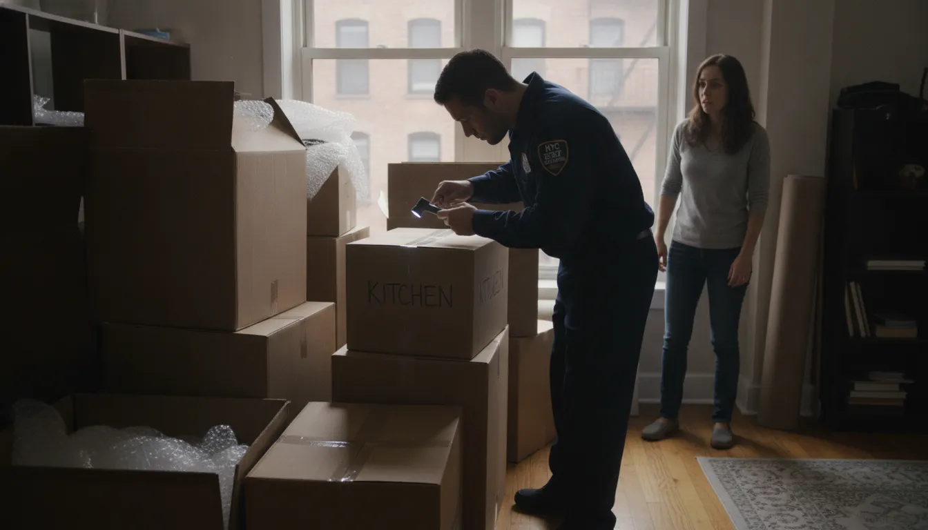 A professional pest control technician inspecting cardboard moving boxes in a New York City apartment