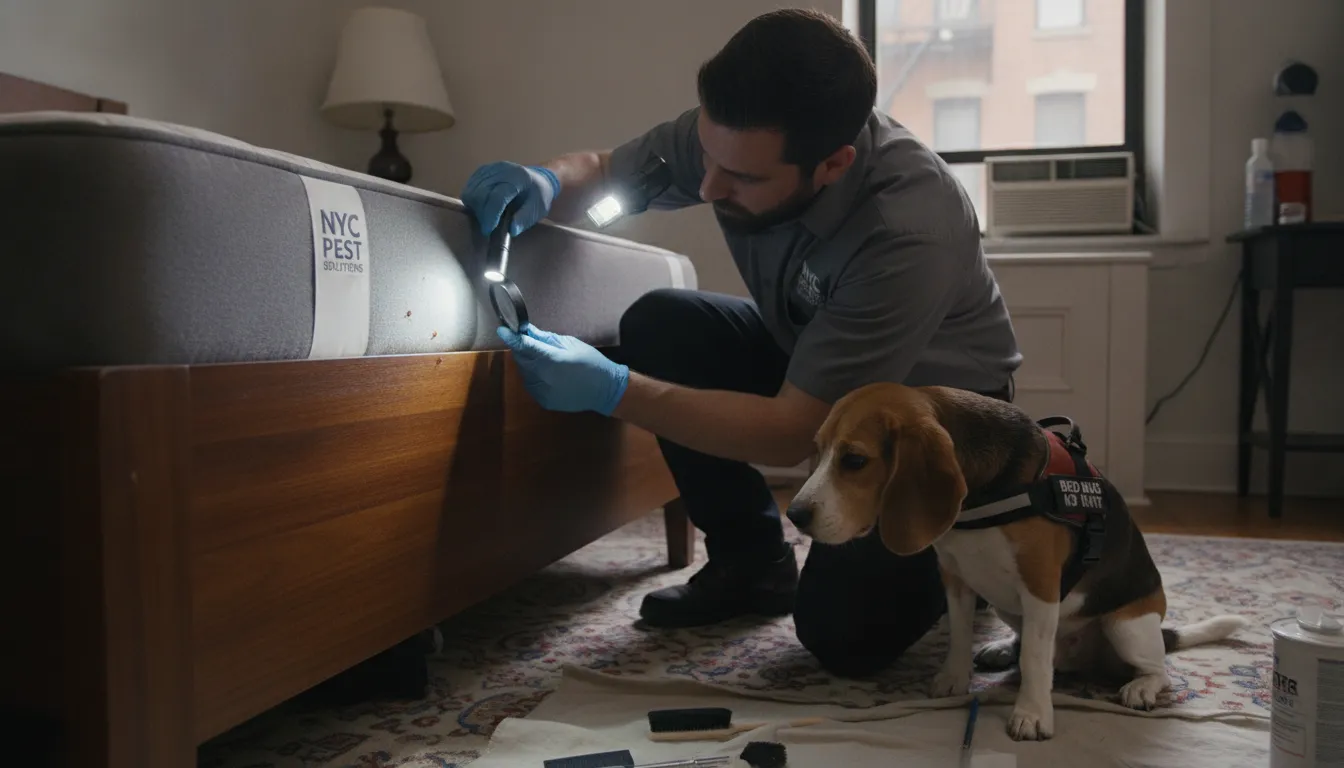 Professional pest control inspector checking a bed frame for bed bugs in a New York City apartment