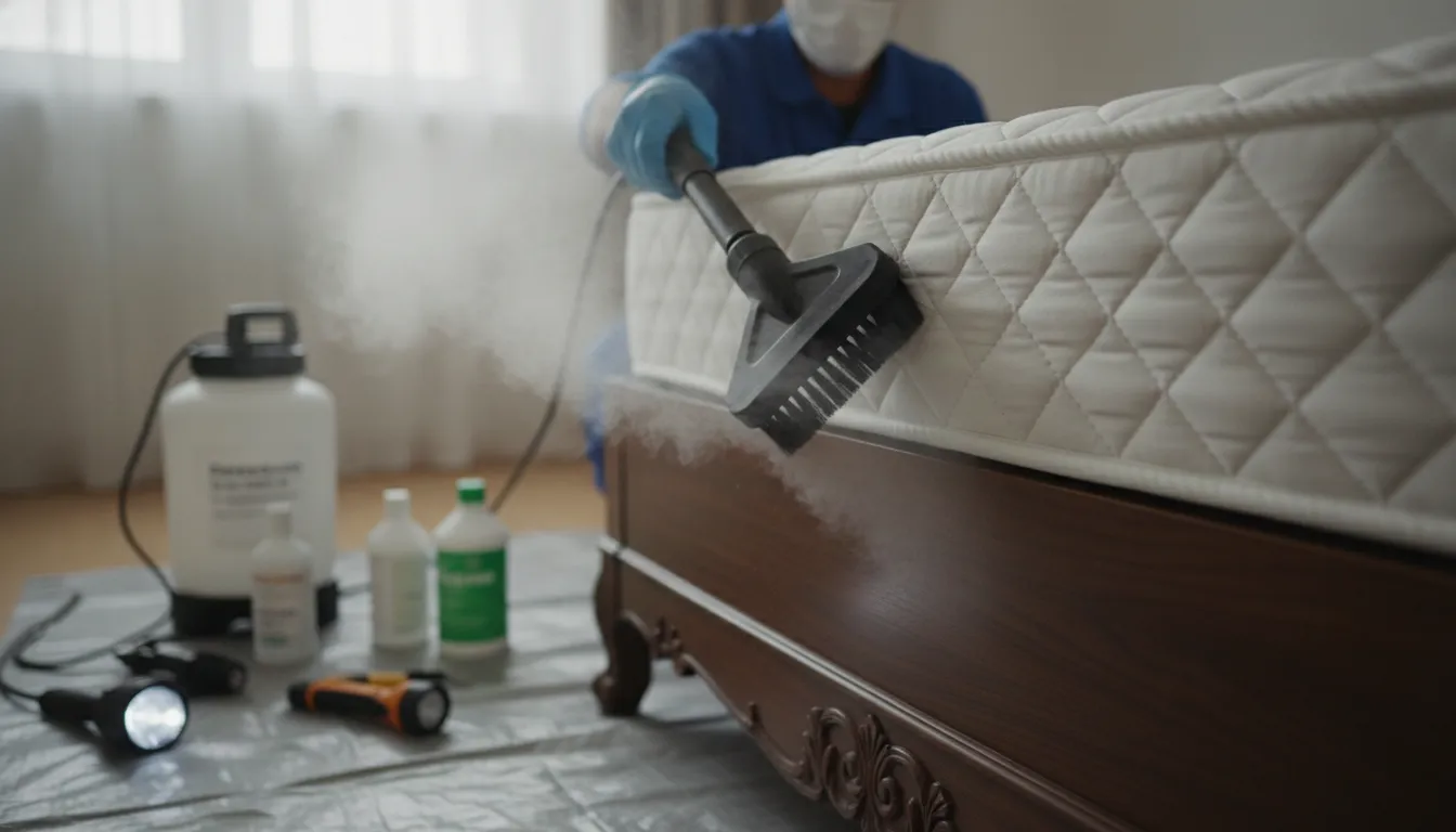 Handheld steam cleaner being applied to a mattress edge and bed frame for bed bug treatment
