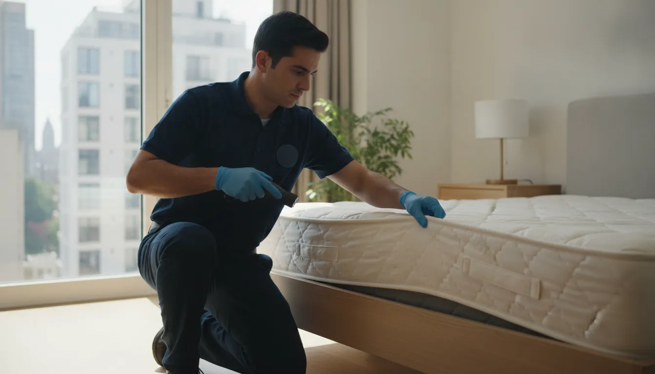 Professional inspection of a Manhattan apartment bedroom for bed bugs