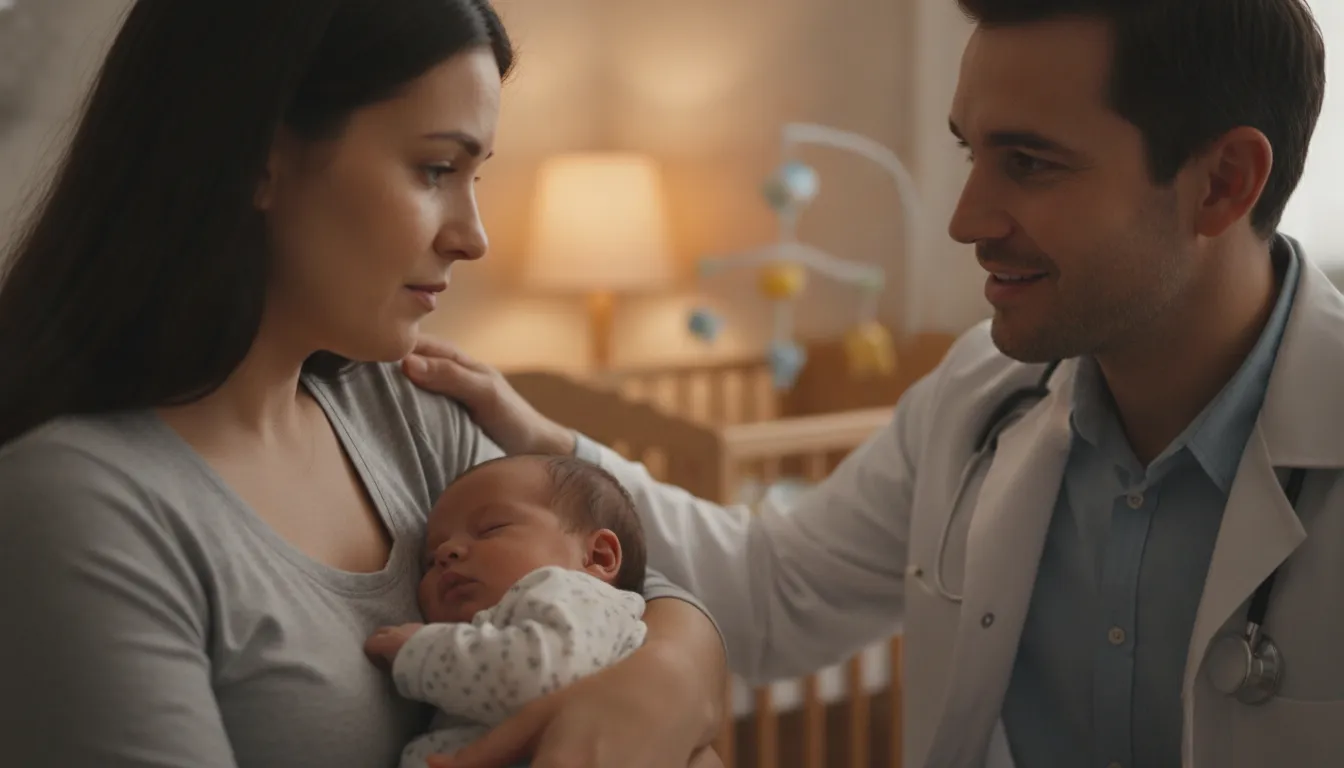 Pediatrician consoling a mother holding her sleeping baby in a softly lit nursery
