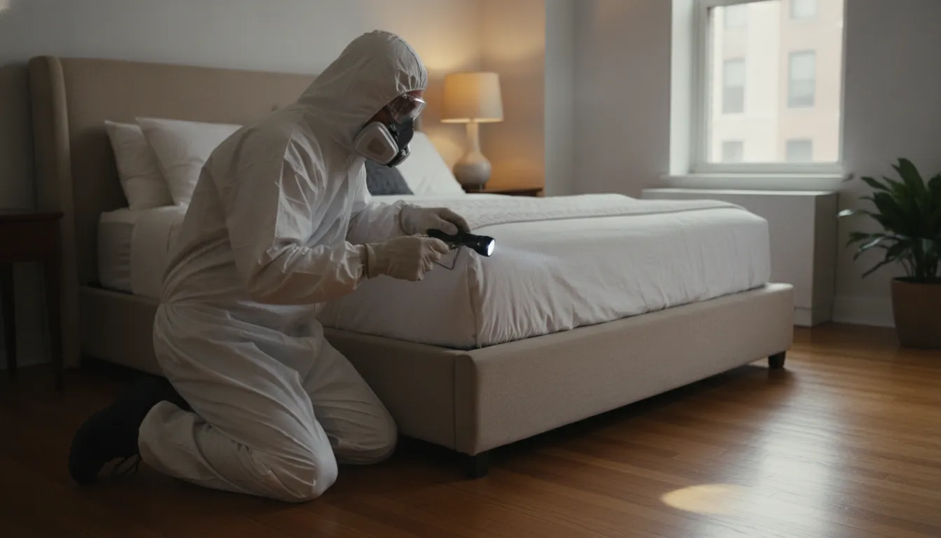 Professional pest control technician inspecting a bed frame in a clean NYC apartment