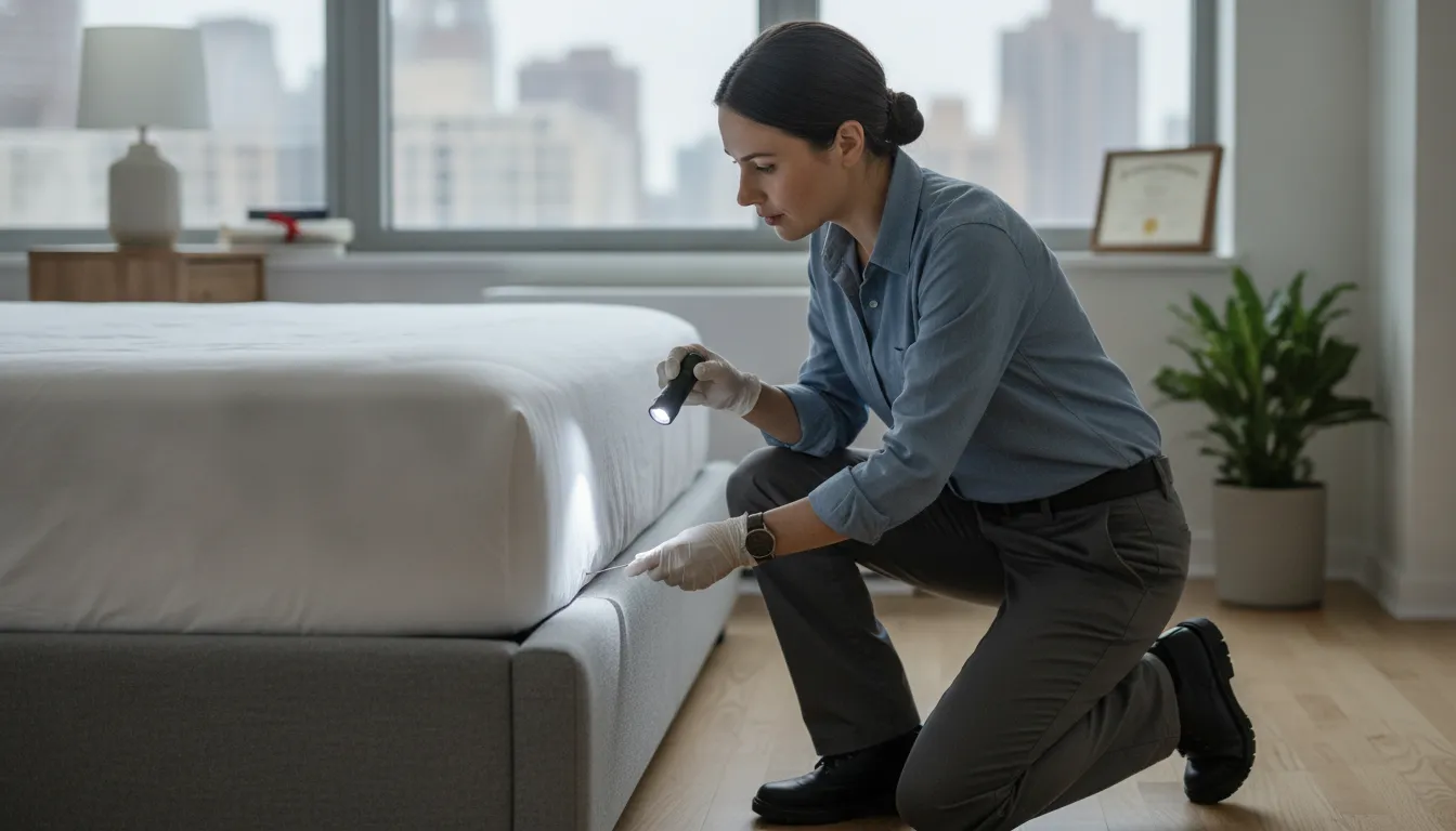 Pest professional inspecting a Manhattan apartment bedroom