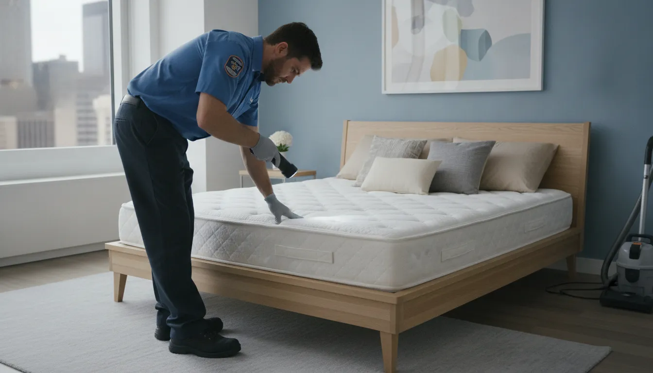 A pest control technician inspecting the seams of a mattress and bed frame with a flashlight in a New York City bedroom