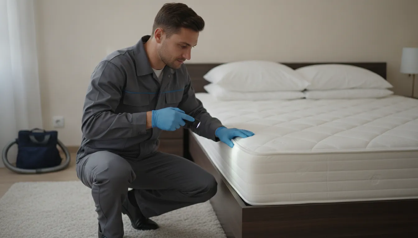 Pest control technician inspecting a mattress for bed bugs