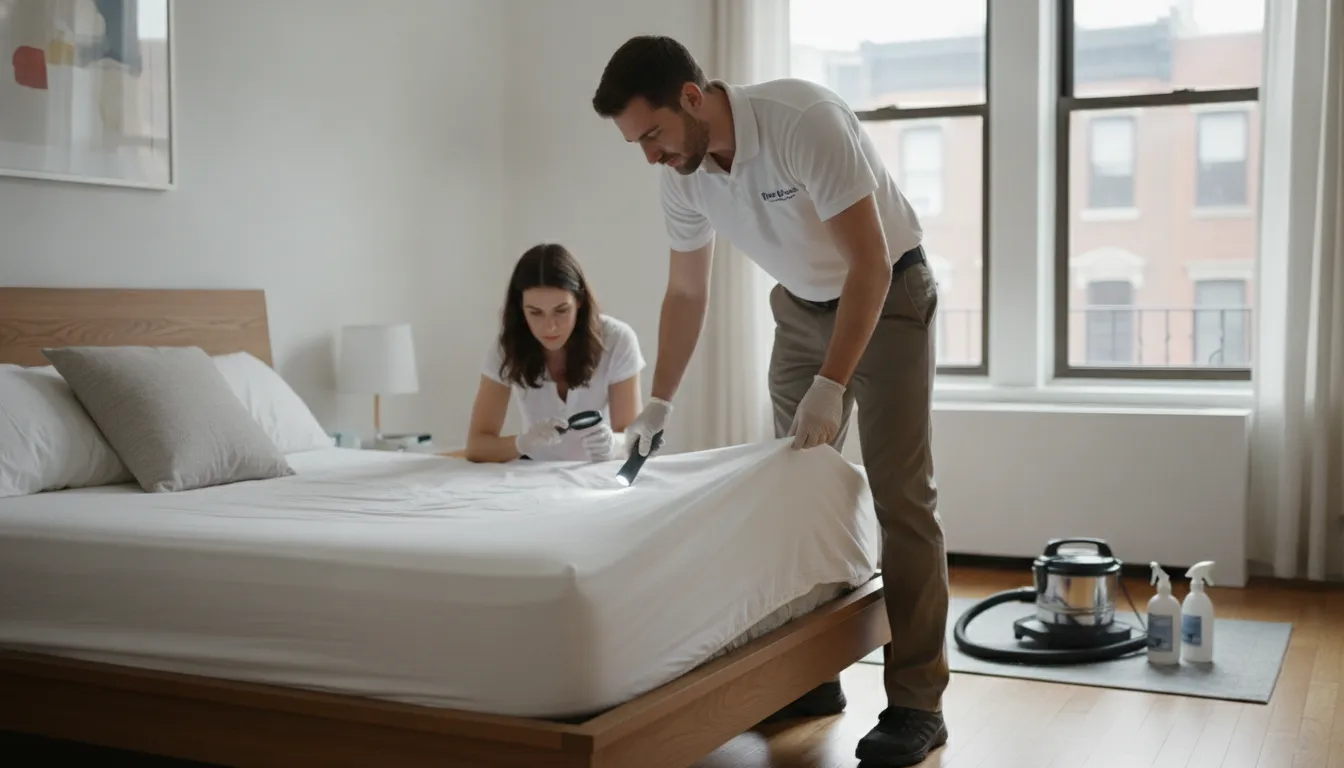Technician inspecting a Manhattan apartment bedroom for bed bugs
