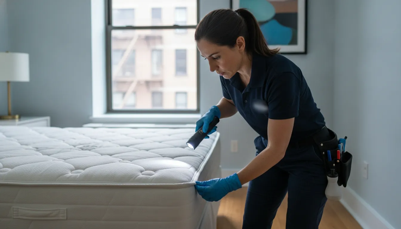 Technician inspecting a Queens apartment for bed bugs