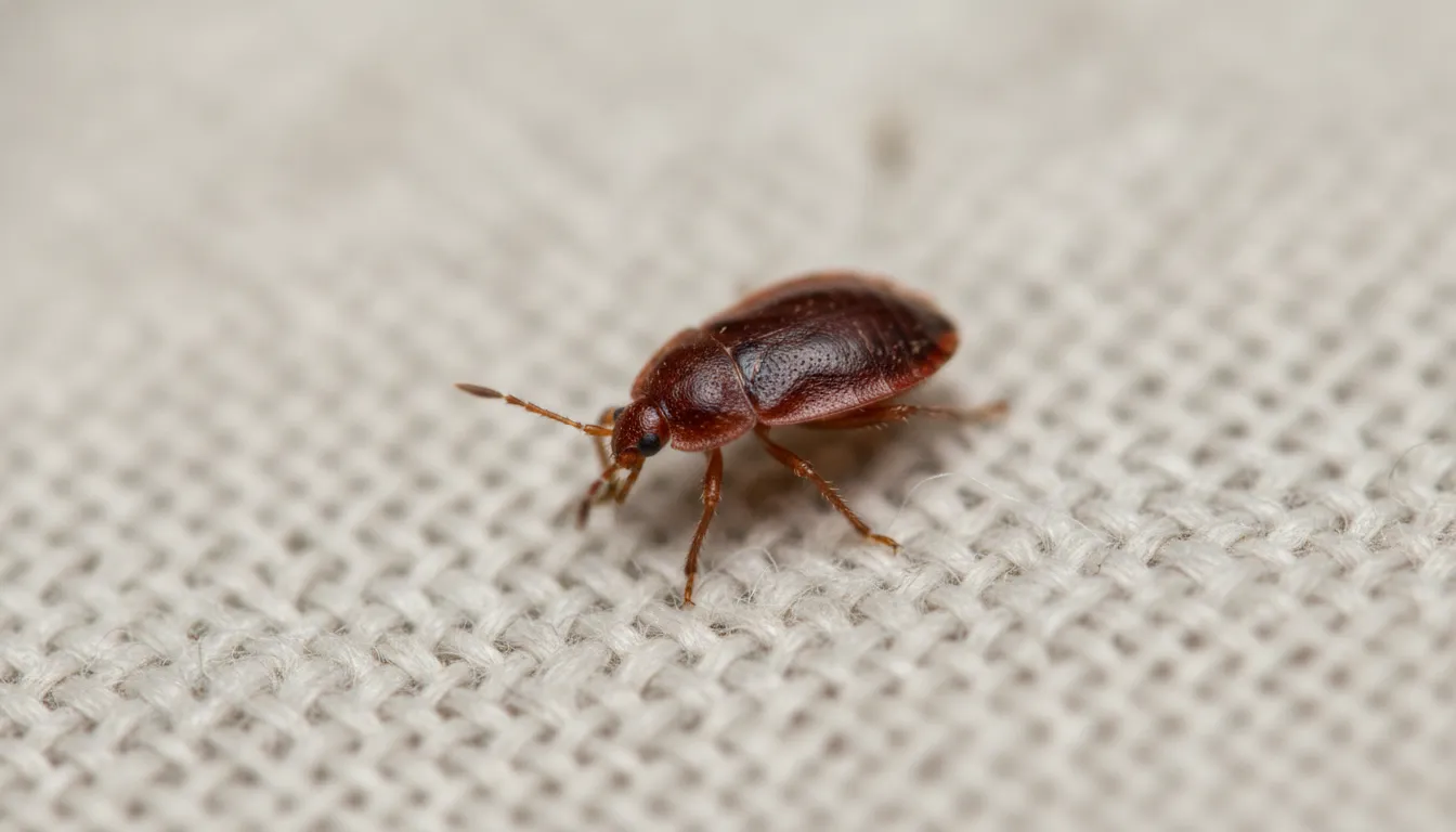 Bed bug on fabric surface highlighting the insect's small size relative to clothing