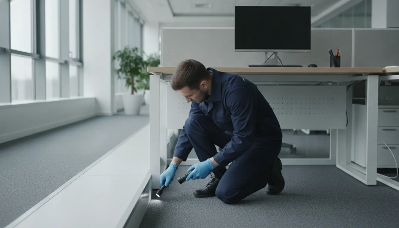 Professional bed bug technician inspecting an office workstation in a Bronx commercial property