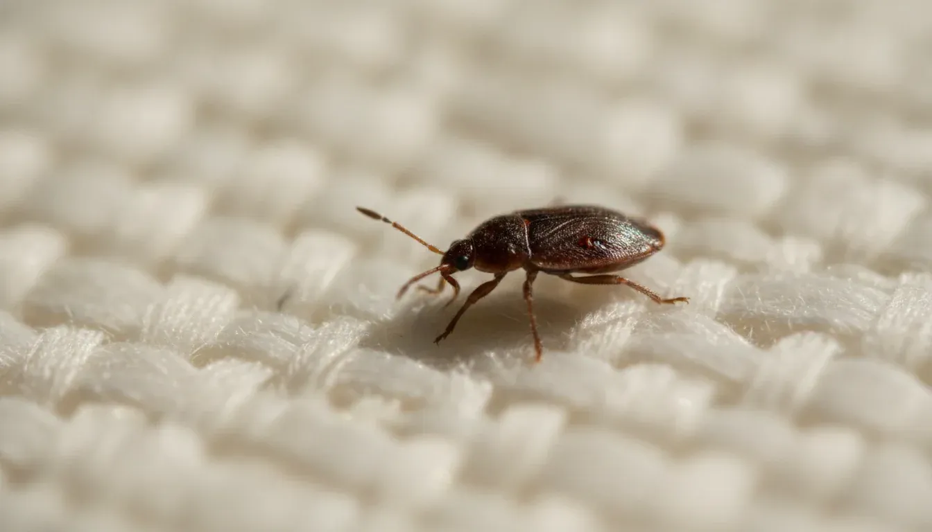 A close-up bed bug on light woven mattress fabric, shown for educational pest control guidance.