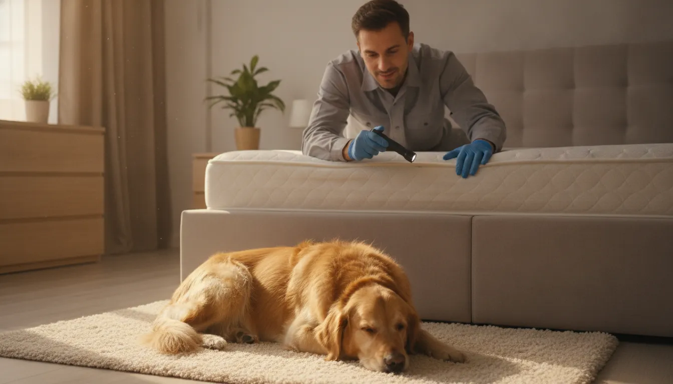 A pest control technician in clean gloves inspecting a cozy bedroom while a dog rests safely in the foreground