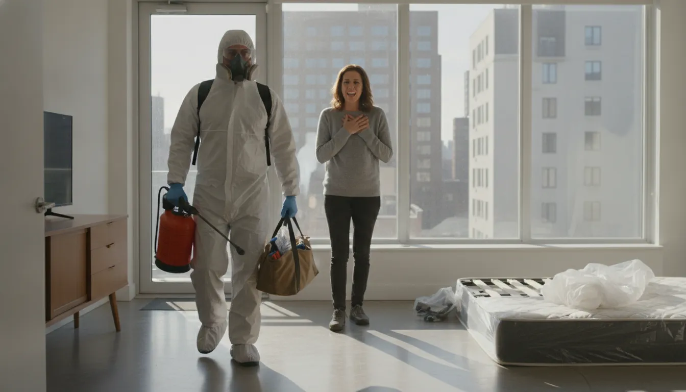 Same day bed bug exterminator arriving at a Manhattan apartment for urgent treatment