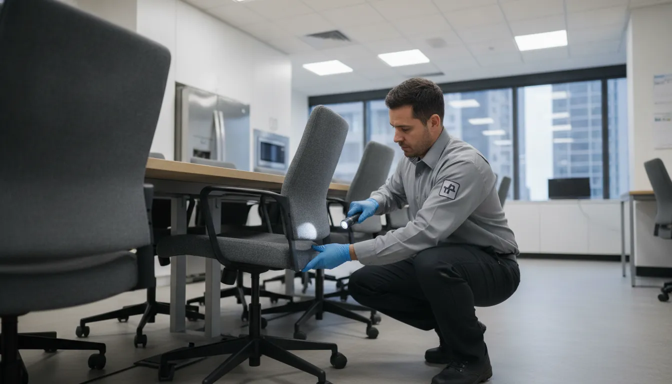 Pest control technician inspecting an upholstered conference chair in a commercial office break room for bed bug signs