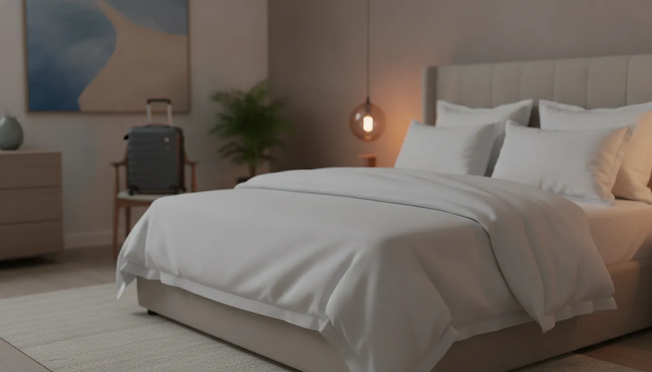 Clean modern bedroom at dusk with warm lamplight and neatly tucked sheets