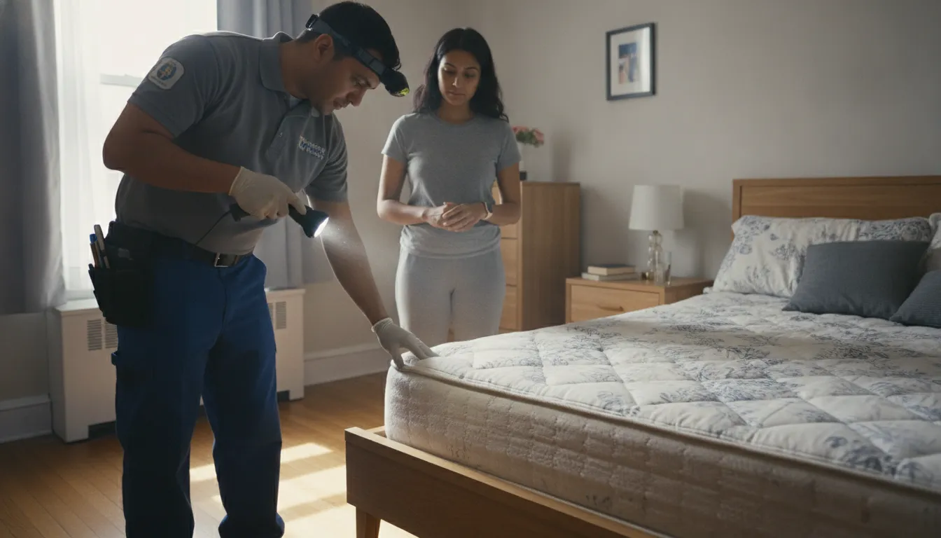 Pest professional inspecting a Queens apartment bedroom for bed bugs