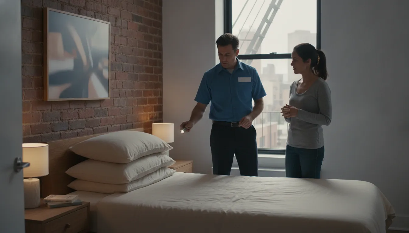 Queens resident discussing a bed bug inspection with a treatment specialist