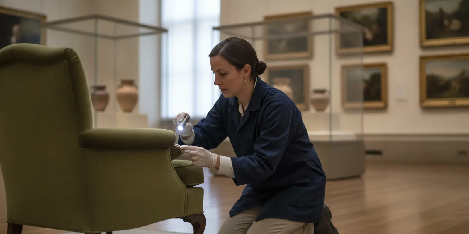 Museum staff member inspecting a padded chair in a gallery during a careful bed bug assessment