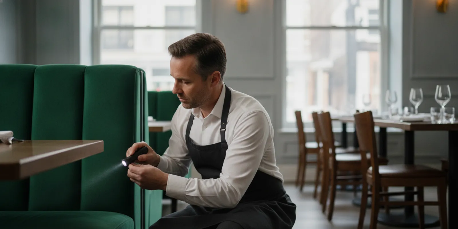 Restaurant manager discreetly checks a booth seam with a flashlight during a quiet service period