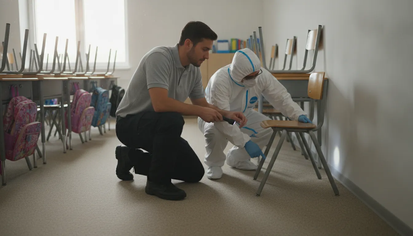 School team inspecting a classroom for bed bug activity