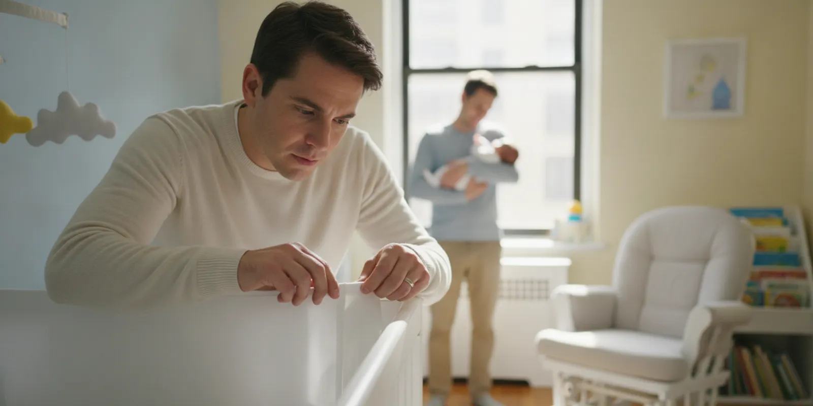 Caregiver inspecting the seams of a crib mattress in a calm, uncluttered nursery