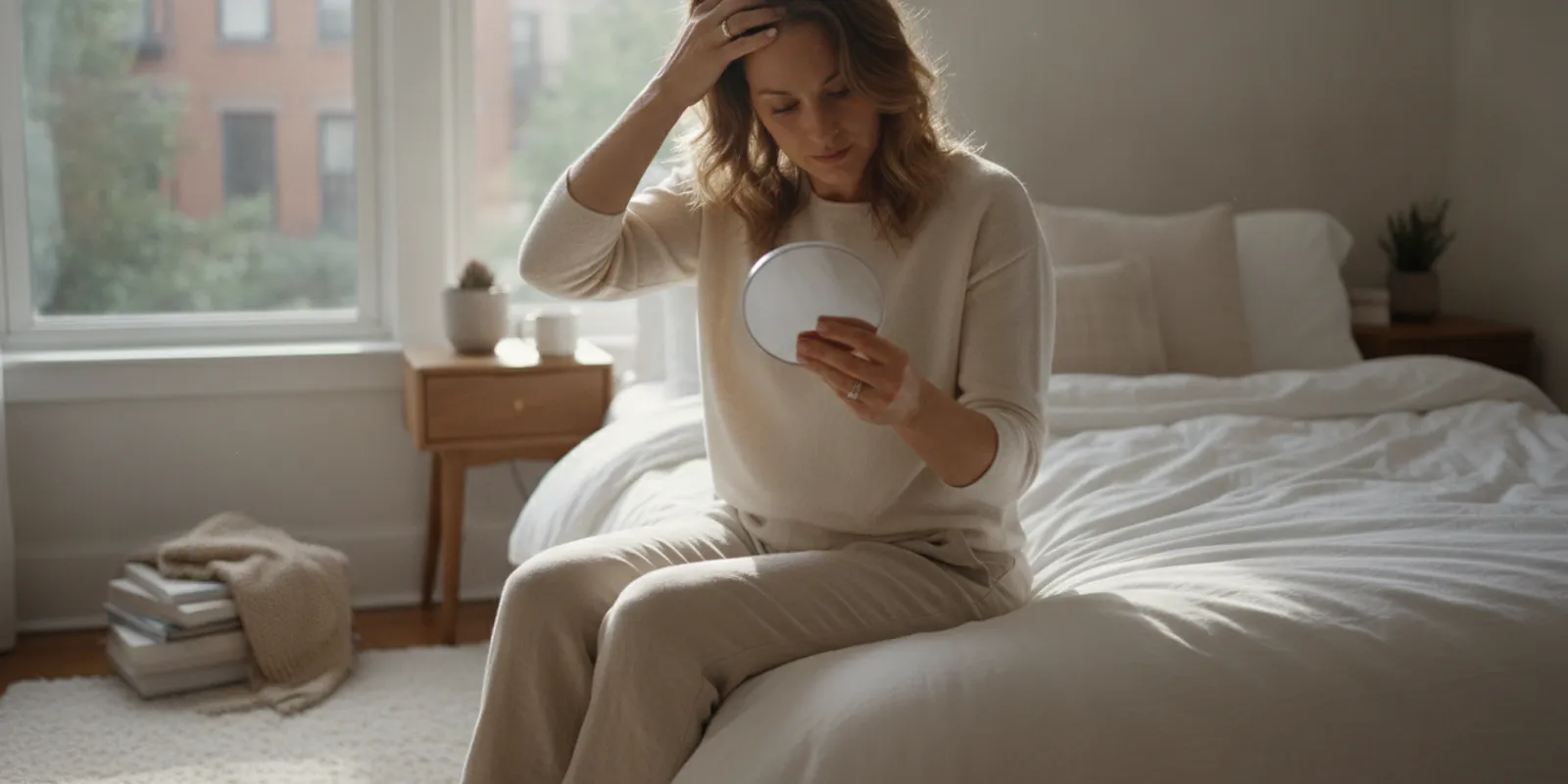 Person carefully checking their scalp and hair near a bed after a possible pest exposure