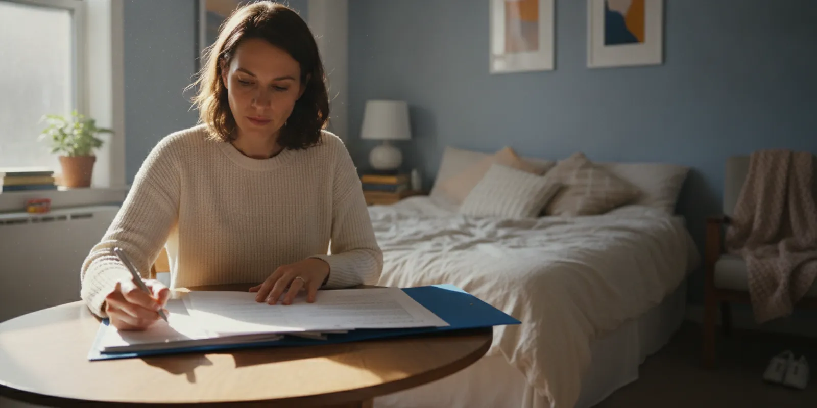 Homeowner reviewing an insurance policy beside a neatly made bed