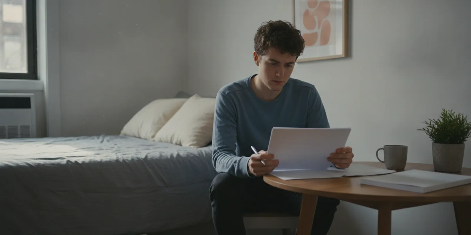 Renter reviewing an insurance policy beside a carefully inspected bed