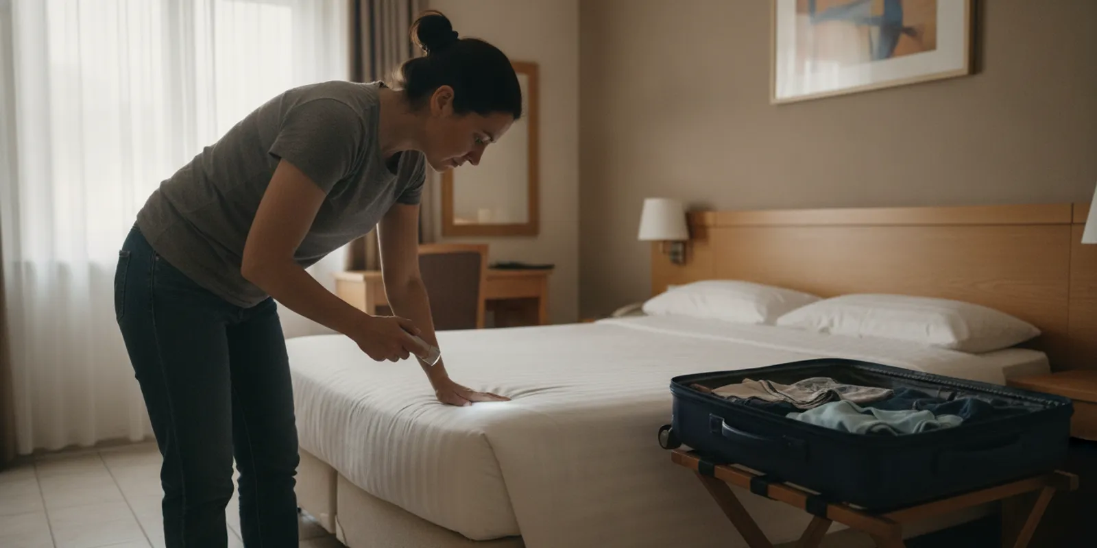 Traveler inspecting a hotel mattress seam with a small flashlight before unpacking